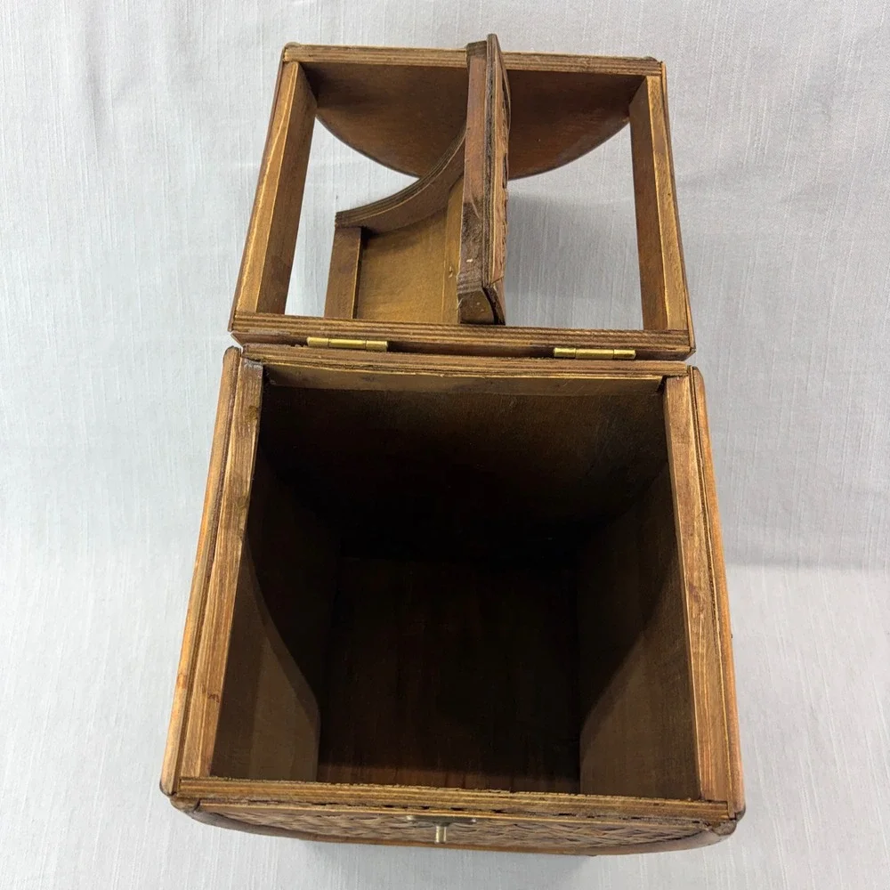 Vintage Wicker and Wood Storage Box Brown Boho Woven Latch Lid Decorative Brass